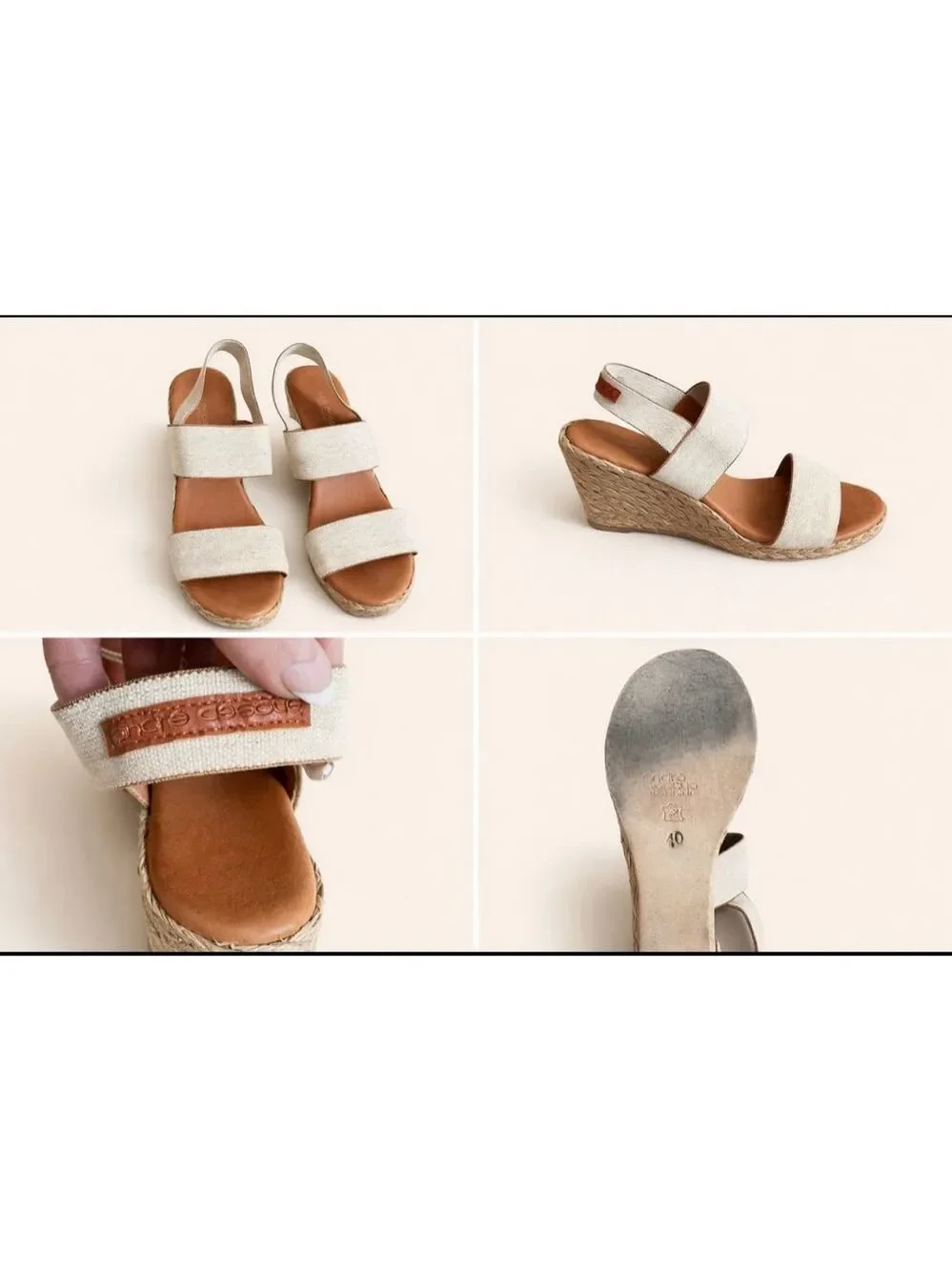 Andre Assous Beige Brown Linen Wedge Sandals Size 9